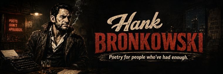Hank Bronkowski at a bar with a typewriter, cigarette, and a glass of whiskey.
