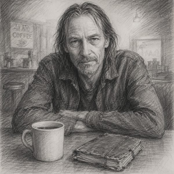 A dark pencil sketch of a weathered, long-haired man staring directly at the viewer across a table, with a large coffee mug and battered notebook between you.